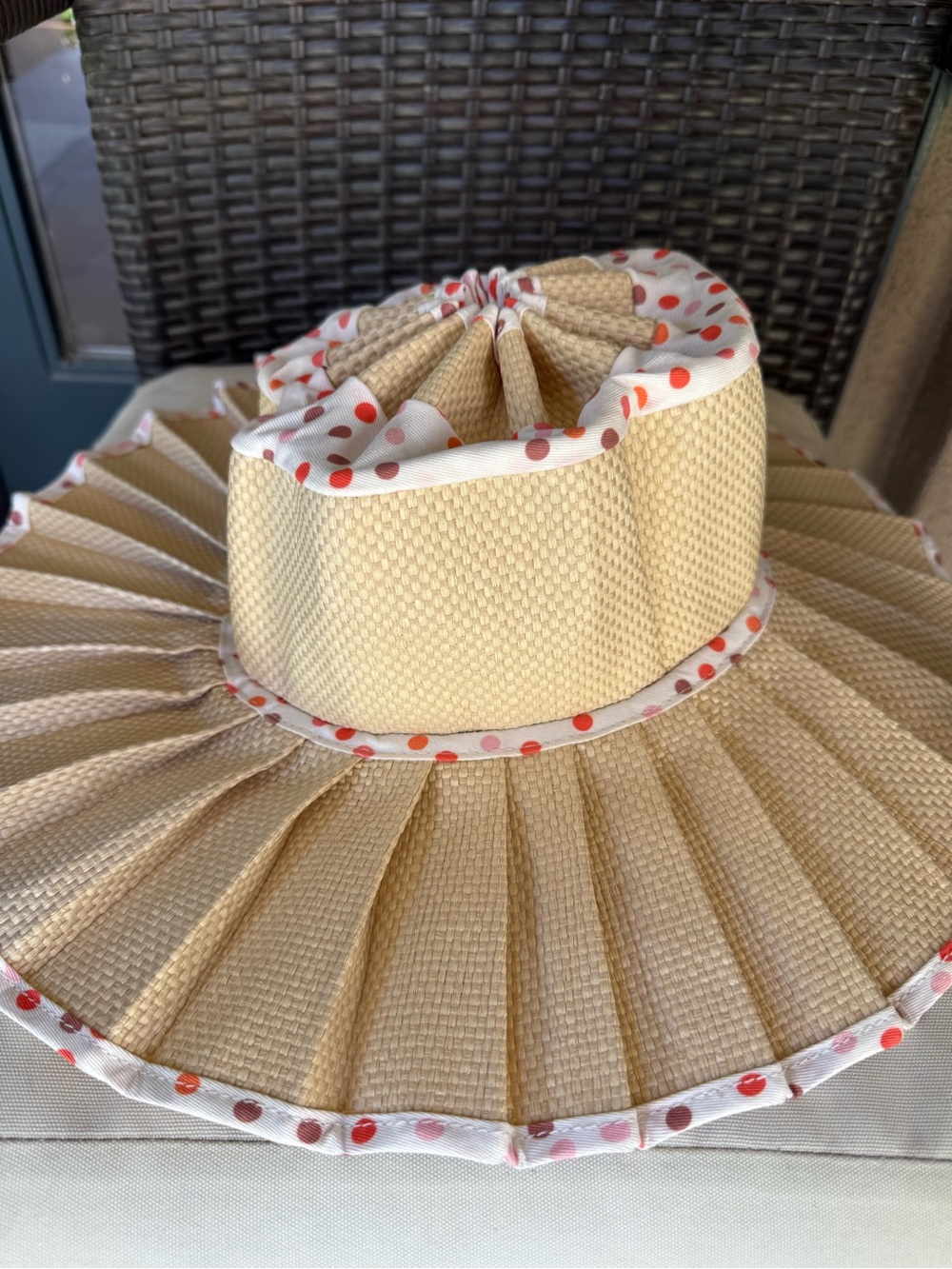 Packable Pleated Straw Sun Hat with Pink Polka Dot Trim - Picture 5 of 10